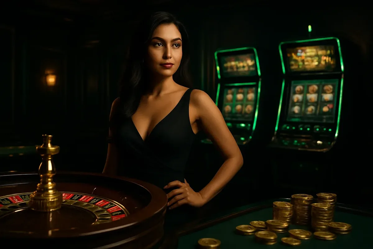 Elegant Casino Banner Confident woman in evening dress near roulette and slot machines in luxurious Bangladesh casino with neon green and gold accents