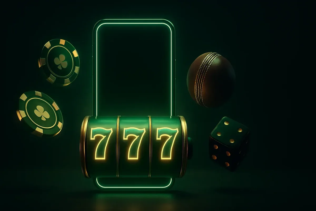 Mobile Casino Cricket Banner Glowing smartphone with casino chips, slot reels, dice, and cricket ball on dark luxurious background
